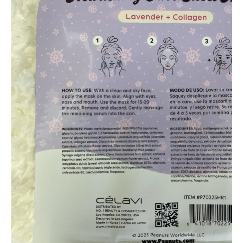Celavi Peanuts Snoopy Nourishing Face Mask Lavender Collagen Hydrating Sheet